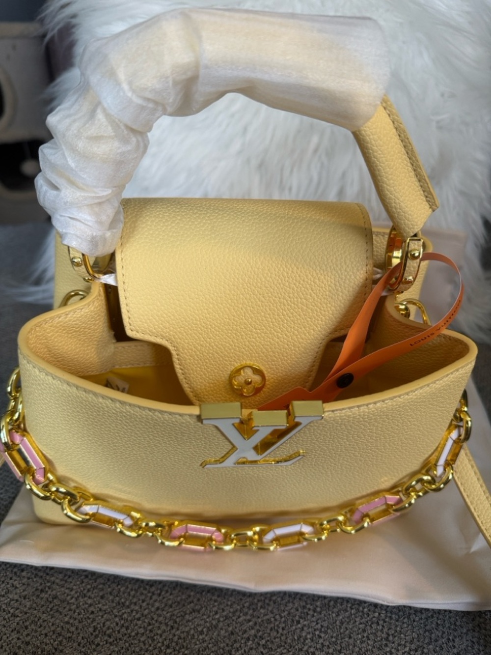 Bag yellow top Handle Satchel with Pink Chain Accents - Picture 7 of 14